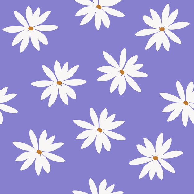 Cute floral pattern with white chamomile on soft purple background Print design