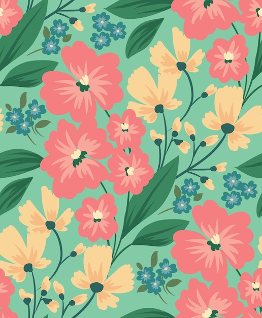 Simpatico motivo floreale con piante selvatiche prato fiorito pieno di fiori diversi modello senza cuciture con design primaverile illustrazione vettoriale