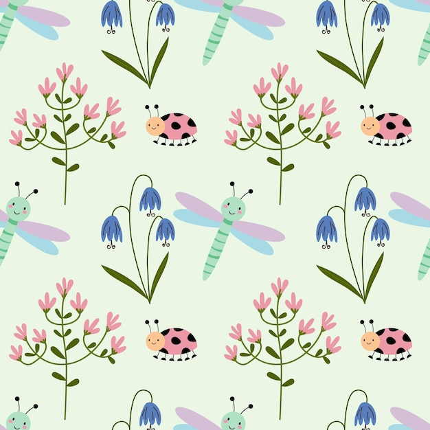 Cute floral seamless pattern Cartoon bugs plants herbs flowers Vector illustration on white background Childish ornament for wrapping paper and textile EPS