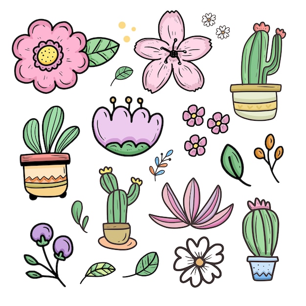 Simpatica collezione di adesivi di fiori e cactus