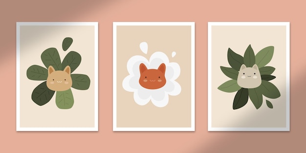 милый цветок кошка абстрактные плакаты искусство рисованной формы обложки набор коллекция для настенного декора