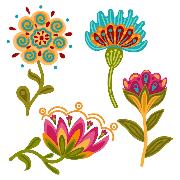 귀여운 꽃 장식 아이콘 손으로 그려진 꽃 상징 민속 스타일 간단한 터 일러스트레이션 그래픽 디자인