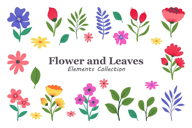 귀여운 꽃과 나뭇잎 개별 요소 컬렉션