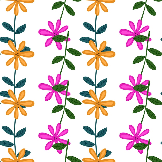 Cute flower seamless pattern Naive art style Hand drawn floral endless background