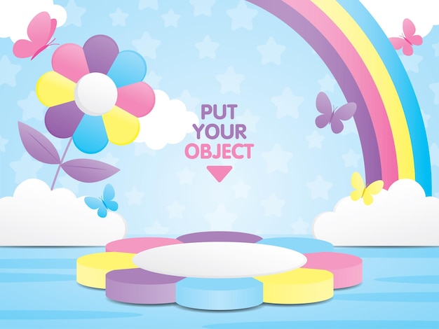 Cute flower shape display step 3d illustration vector with kawaii colorful flower and rainbow