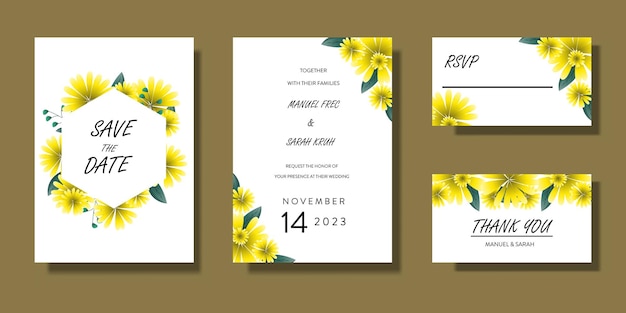 Vector cute flowers and leaf wedding invitation template set