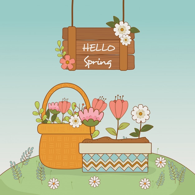 Vector cute flowers and leafs in pot landscape scene