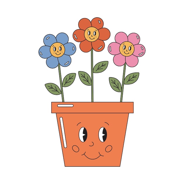Fiori carini in un vaso sorridente in stile retro groovy piante hippie sorridenti