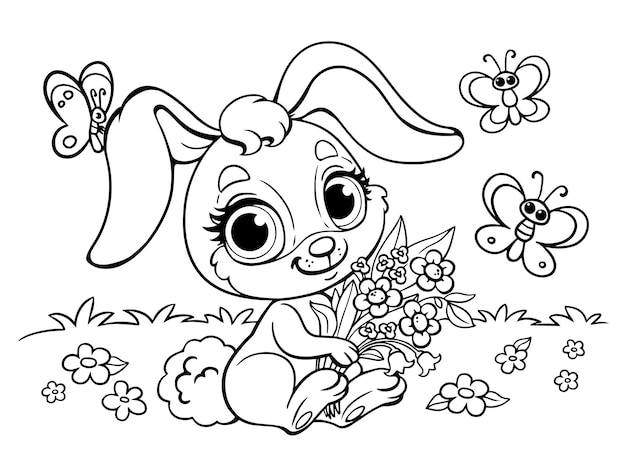 Cute fluffy anime Rabbit with a bouquet of flowers Coloring book for children with hare Butterfly