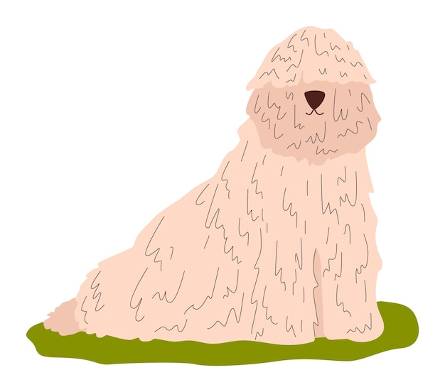 Vector cute fluffy beige dog sitting on green grass cartoon domestic pet with shaggy fur friendly animal