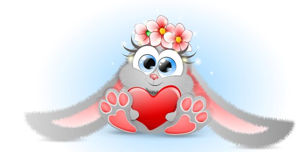 Vettore coniglietto grigio simpatico cartone animato lanuginoso con grande cuore rosso e ghirlanda di fiori