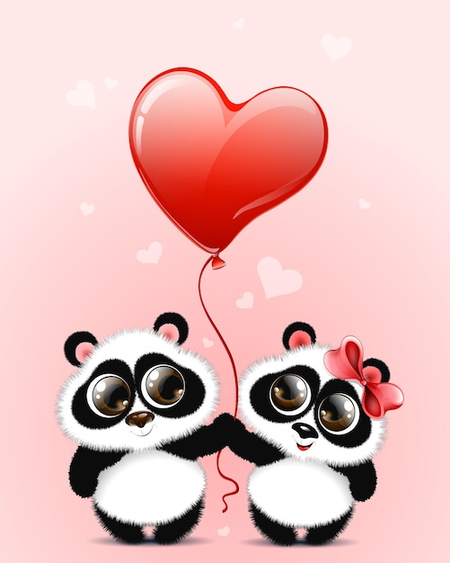Cute fluffy cartoon little Panda girl and boy in love with red heart balloon. Valentine's day card