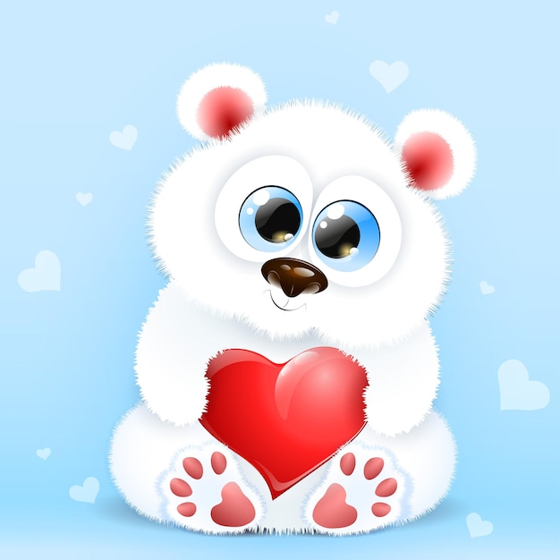 Cute fluffy cartoon little white bear on blue background with red heart. Valentine's day card