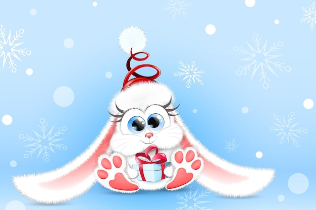 Вектор Милый пушистый мультяшный белый кролик в зимней шапке санты с маленькой рождественской подарочной коробкой.