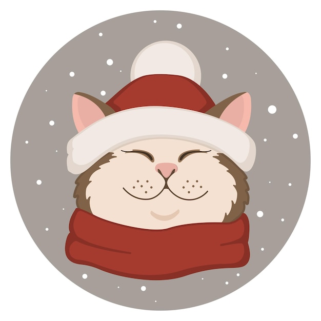 Cute fluffy cat in red hat enjoys the falling snow. Vector cartoon illustration