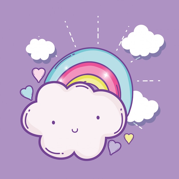 Cute fluffy cloud with rainbow and hearts