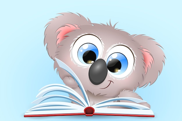 Cute fluffy funny cartoon little Koala with open book Knowledge concept