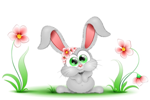 Cute fluffy little cartoon grey Bunny with flowers on the head and sitting near flowers on the grass