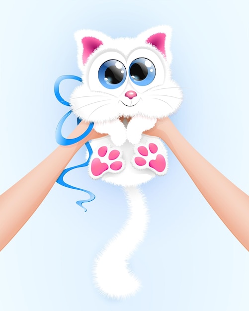 Cute fluffy little cartoon Kitten with bow in the human hands Birthday gift family concept