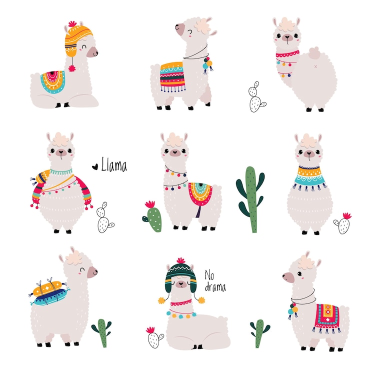 Vector cute fluffy llama or alpaca camelid pack animal vector set