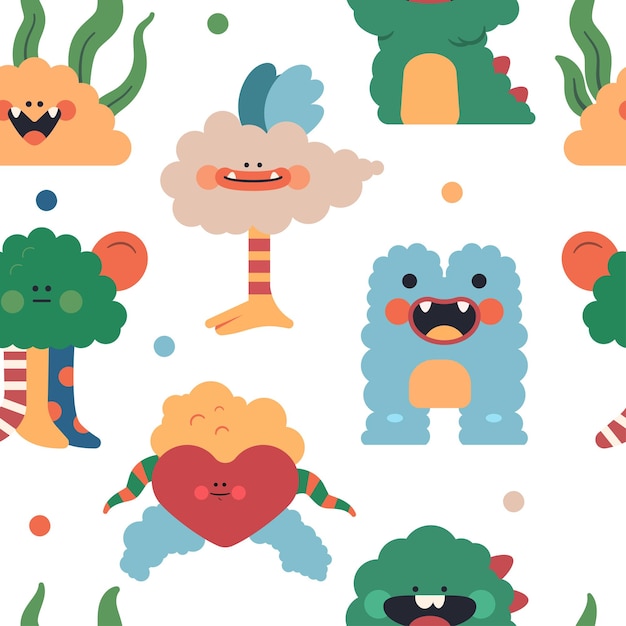 Vector cute fluffy monsters vector cartoon seamless pattern background