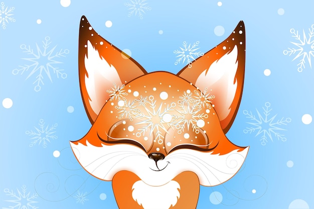 Vector cute fluffy red cartoon winter fox close up with wreath of snowflakes.