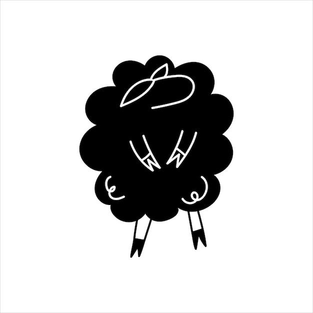 Милая пушистая овца стоит на задних лапах Мультипликационный персонаж Векторная рисованная иллюстрация в стиле каракулей на изолированном белом фоне Черно-белый клипарт