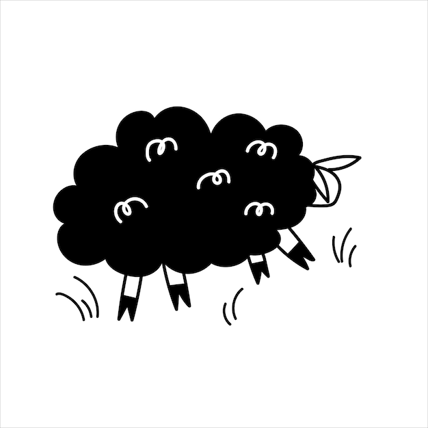 草の中を歩くかわいいふわふわ羊漫画のキャラクター孤立した白い背景に落書きスタイルのベクトル手描きイラスト黒と白のクリップアート