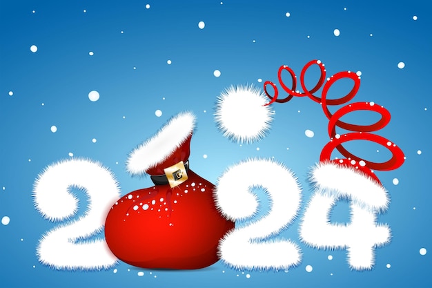 Cartoon bianco e soffice numero di capodanno 2024 con borsa di babbo natale e cappello di babbo natale