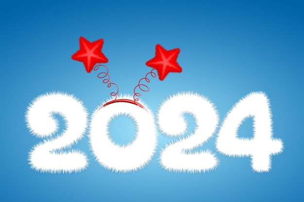 Simpatico cartone animato bianco soffice 2024 numero del nuovo anno con fascia a stella concetto di natale e capodanno