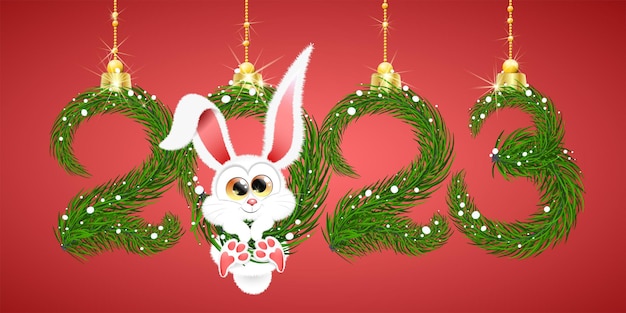 Cute fluffy white cartoon winter Rabbit hanging in 2023 new year number.