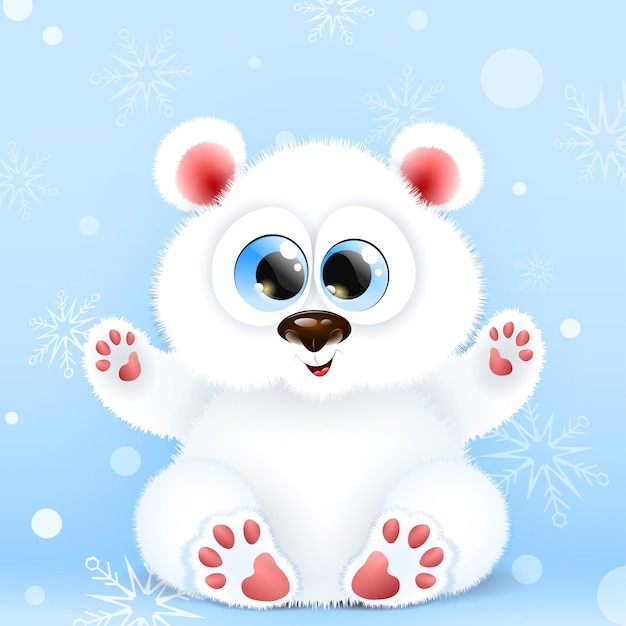Cute fluffy winter cartoon little white bear on blue background with snowflakes.