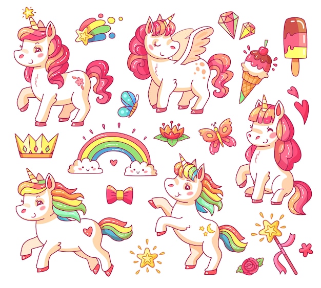 Unicorno di arcobaleno carino bambino volante con stelle d'oro e gelati dolci.
