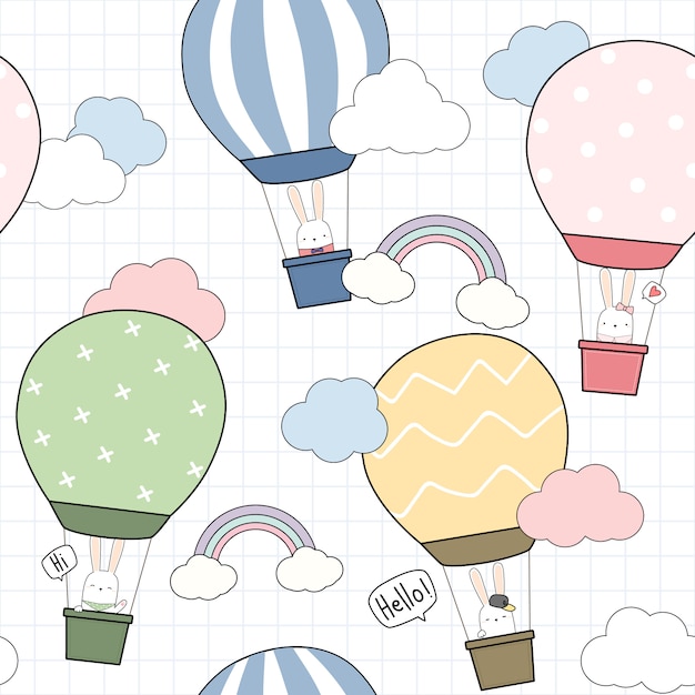 Cute flying balloon rabbit bunny in sky seamless pattern