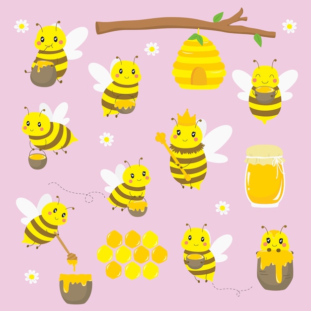 Vector cute flying bees and honey elements set.