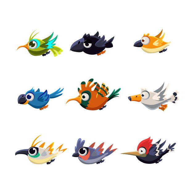 Vector cute flying birds illustration set