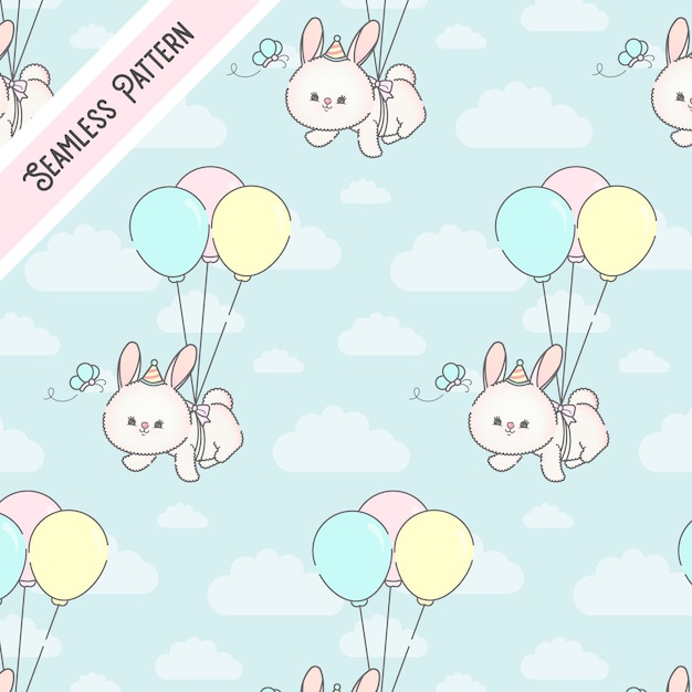 Vector cute flying bunny seamless pattern