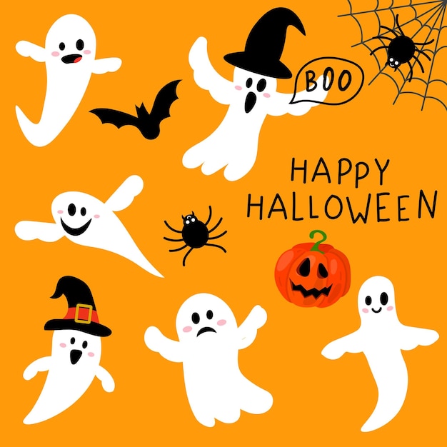 Cute flying ghost spirit set in flat childlike style. Happy Halloween collection with spider