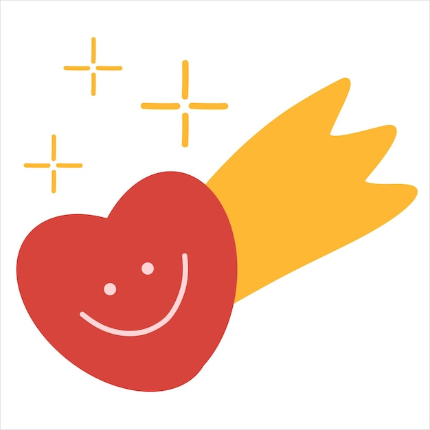 Cute flying heart comet with smiling face and stars