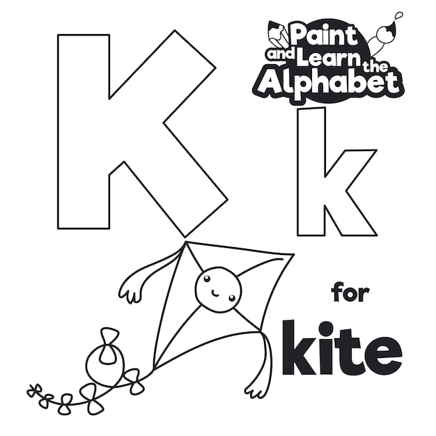 Cute flying kite with smiling label and bows to be colored letter k for didactic alphabet learning
