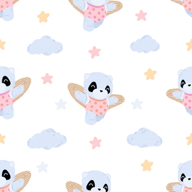 Cute flying panda seamless pattern