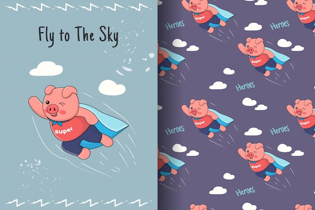귀여운 비행 돼지 원활한 패턴 및 카드