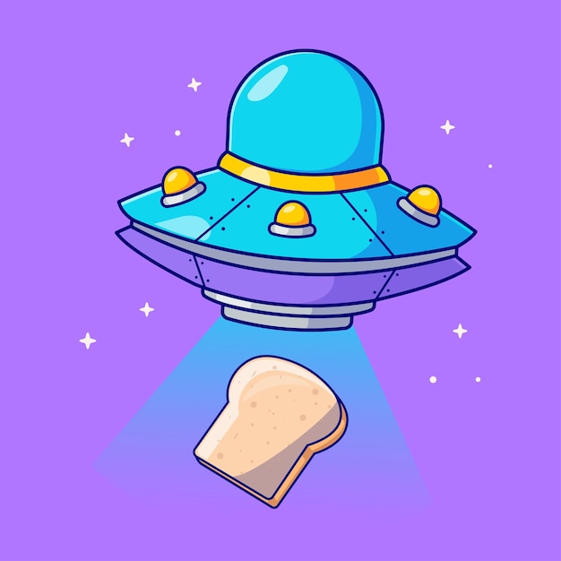 Cute flying ufo catching bread cartoon vector icon illustration science food icon concept