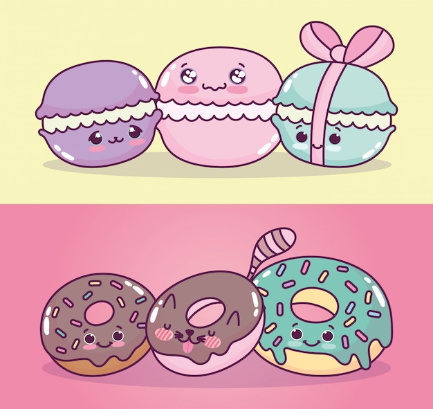 Cute food adorable macaroons and donuts sweet dessert pastry cartoon