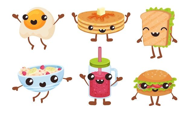 Vector cute food and drinks characters collection childish funny breakfast dishes vector illustration