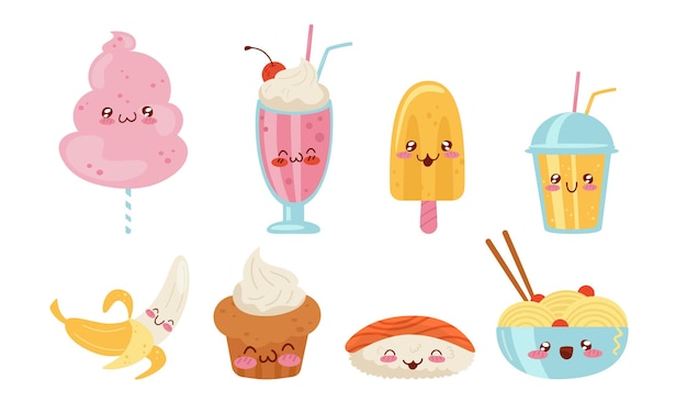 Vector cute food in kawaii style set delicious dishes with smiling faces milkshake popsicle noodles cotton