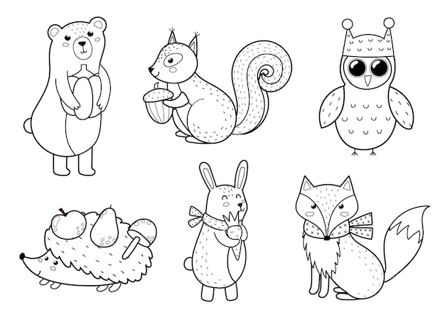 Вектор Коллекция милых лесных животных fall woodland черно-белые персонажи для детей дизайн медведь лиса