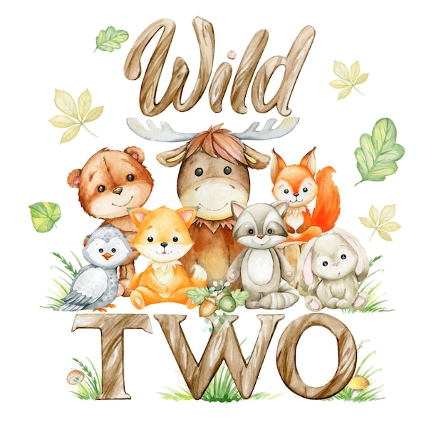 Vector cute forest animals letters wild two mushrooms leaves grass watercolor concert in cartoon style