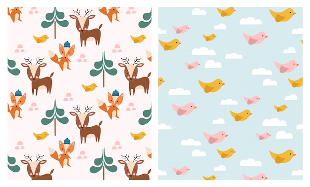 Vector cute forest animals seamless patterns set