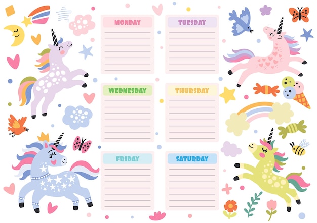 Vector cute four unicorns printable weekly planner vector